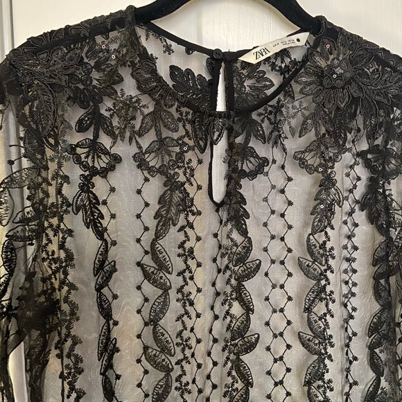 ZARA EMBROIDERED LONG BLACK SEMI-SHEER DRESS - Picture 4 of 8